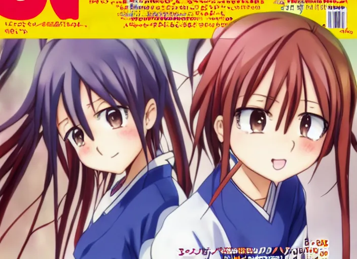 Image similar to ; weekly shonen jump issue 1 4, cover, 2 0 0 0 clannad shuffle lucky star suzumiya haruhi toheart event'anime illustration japanese very very beautiful cute girls doing cute things trending on artstation pixiv makoto shinkai smiling super detailed eyes eyebrowless symmetry face visual novel hairpin star