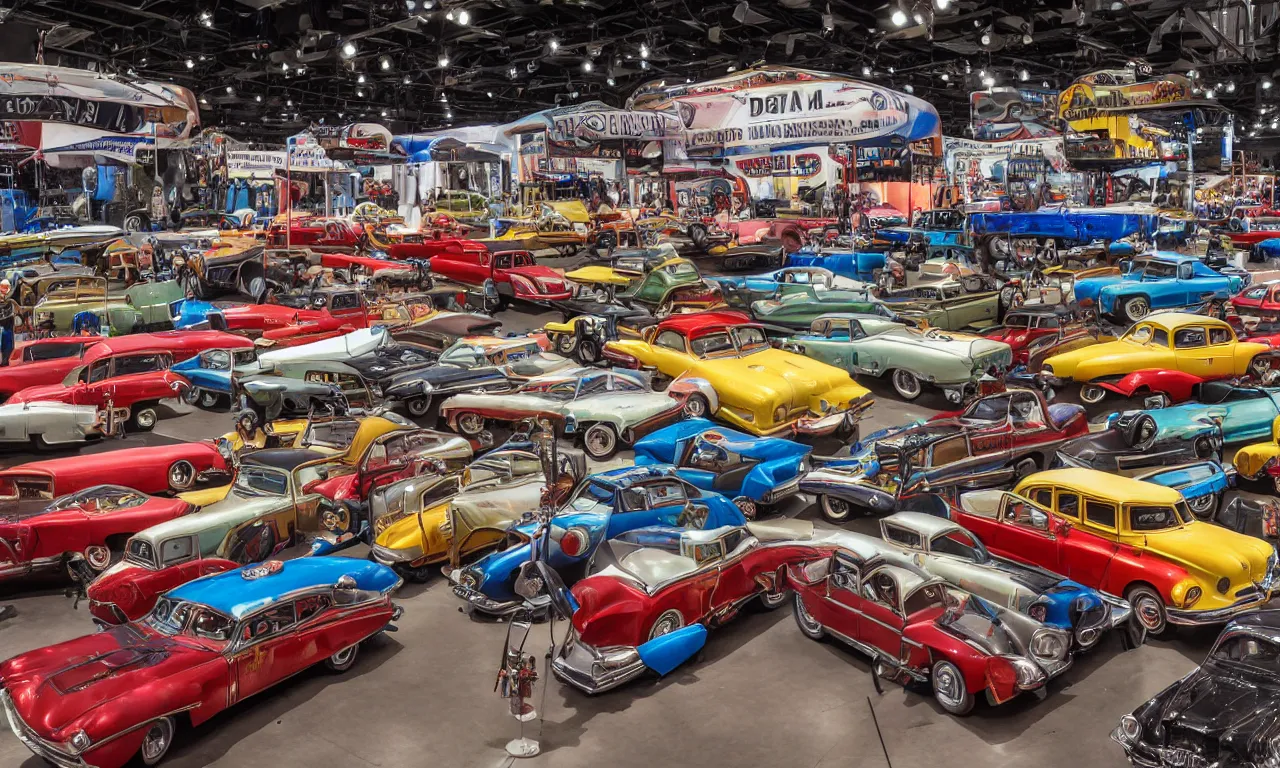 Image similar to exhibition hall full of restomods cars, high detail, colorful image, small features, from new movie by digital domain and weta digital, strong ambient occlusion