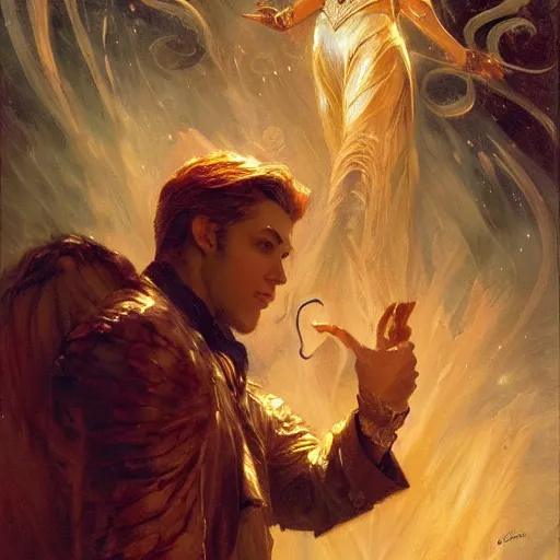 Image similar to attractive male magician casts dark spell, summoning handsome lucifer morningstar. highly detailed painting by gaston bussiere, craig mullins, j. c. leyendecker 8 k