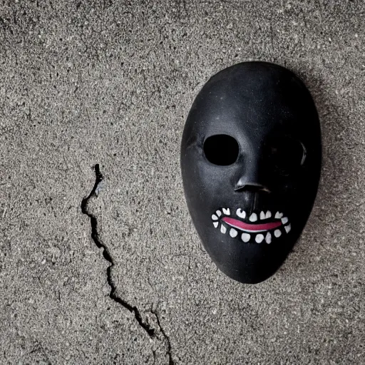 Prompt: a closeup photograph of a creepy, simple and sharp comedy mask with deep black eye sockets lying on a concrete floor in an abandoned building