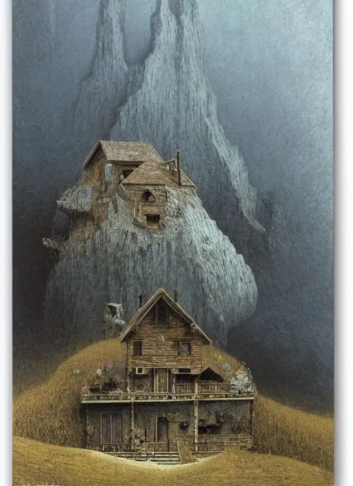 Image similar to mountain cabin by beksinski and salvadore dali