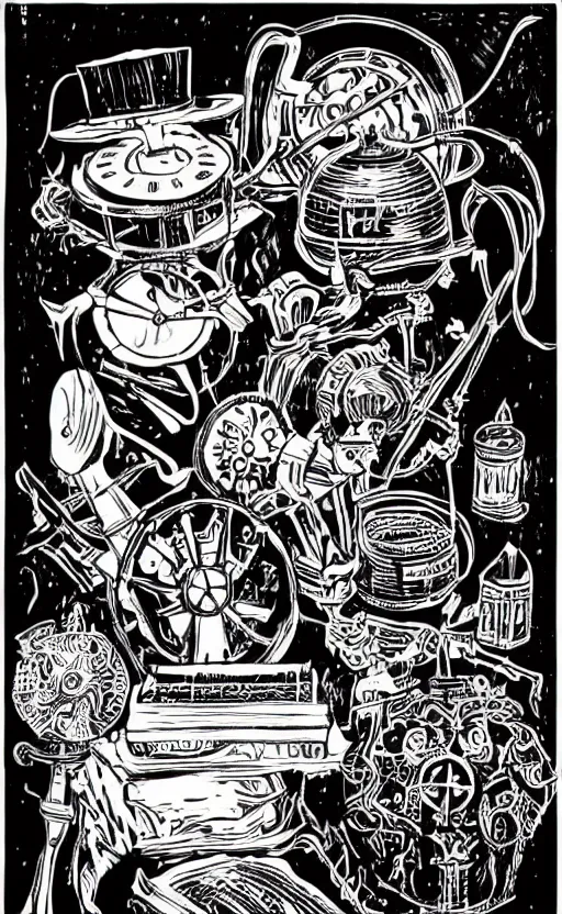 Prompt: black and white linocut of some mysterious and arcane, magical, steampunk objects. editorial composition, fine lines, very high details, tales from the loop