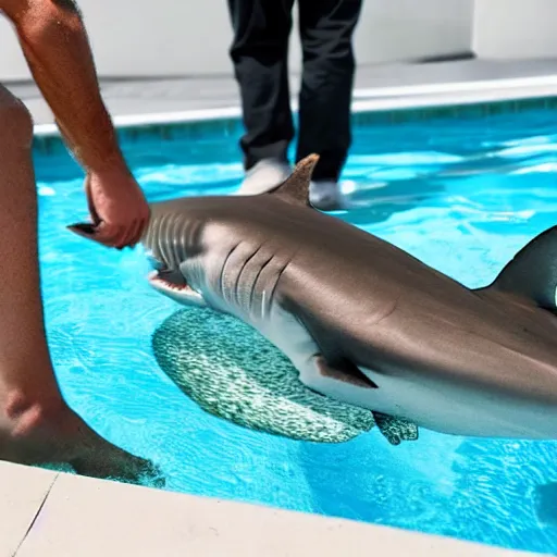 Image similar to a man feeding a shark in a pool