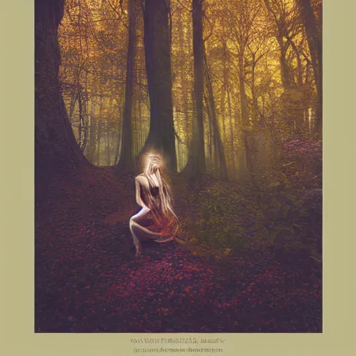 Image similar to portrait of a dryad in a forest of autumn maples by brian froud and jessica rossier dark mysterious, filtered evening light