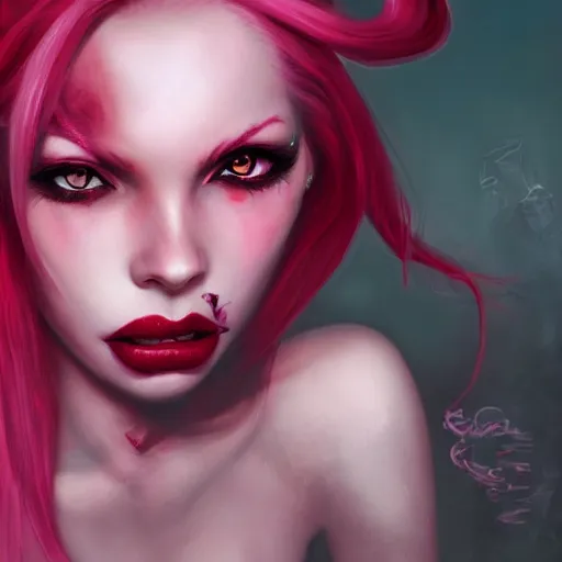 Image similar to a portrait of a pink haired rouge demoness peering into the camera showing fangs by Astri Lohne and Christophe Young, Trending on Artstation, ultra realistic digital art