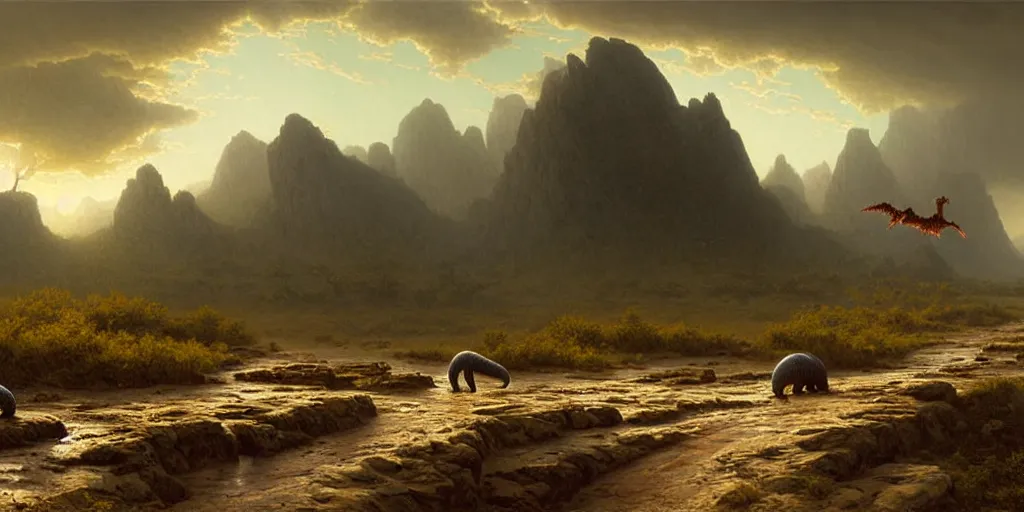 Image similar to a singe t - rex is crossing american plains with a small riverbed, mountaineous background, cloudy day, highly detailed, digital art, by greg rutkowski, by albert bierstadt