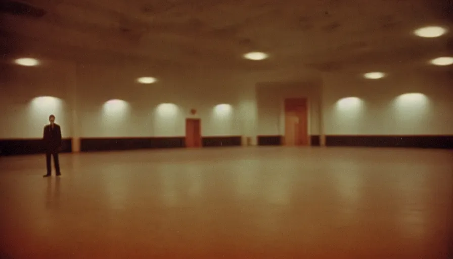 Image similar to 60s movie still of a sovietic stalinist style empty ballroom with one soviet guard standing, cinestill 800t 50mm eastmancolor, liminal Space style, heavy grain-s 150