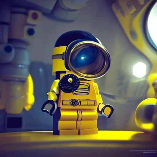Image similar to lego minion astronaut in the spaceship by goro fujita and greg rutkowski, realism, sharp details, cinematic, highly detailed, digital, 3 d, yellow colors