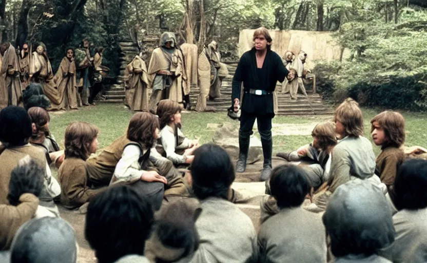 Prompt: screenshot portrait of Luke Skywalker teaching a class of young padawans outside a Jedi academy from The Force Awakens, 1970s film by Stanley Kubrick, serene, iconic scene, Mark Hammil portrait, stunning cinematography, hyper-detailed, sharp, anamorphic lenses, kodak color film, 4k