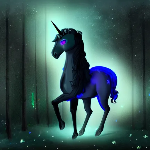 Prompt: black unicorn with glowing blue eyes and big eagle wings standing on its hind legs, magical, sparkles, soft glow, fantasy, ethereal, nighttime forest, trending on artstation