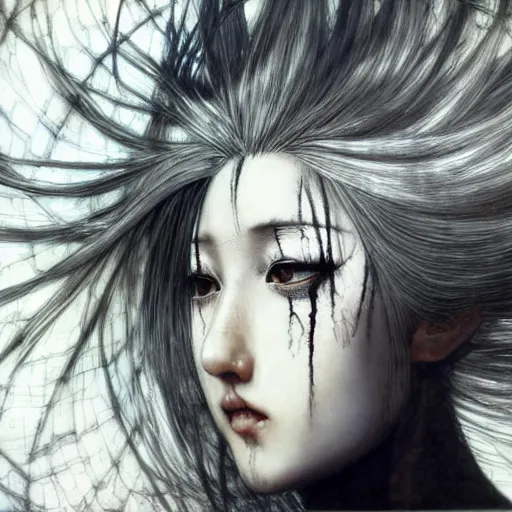 Prompt: Yoshitaka Amano realistic illustration of an anime girl with white hair and cracks on her face wearing dress suit with tie fluttering in the wind, abstract black and white patterns on the background, noisy film grain effect, highly detailed, Renaissance oil painting, weird portrait angle