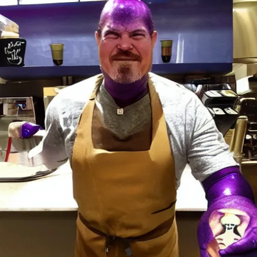 Image similar to thanos as a starbucks barista