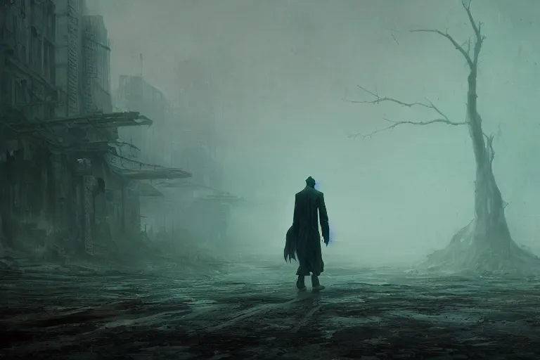 Prompt: cinematic still of Nyarlathotep striding alone across a desolate waste, green mist, 4k, masterpiece, by Greg Rutkowski, Trending on Artstation