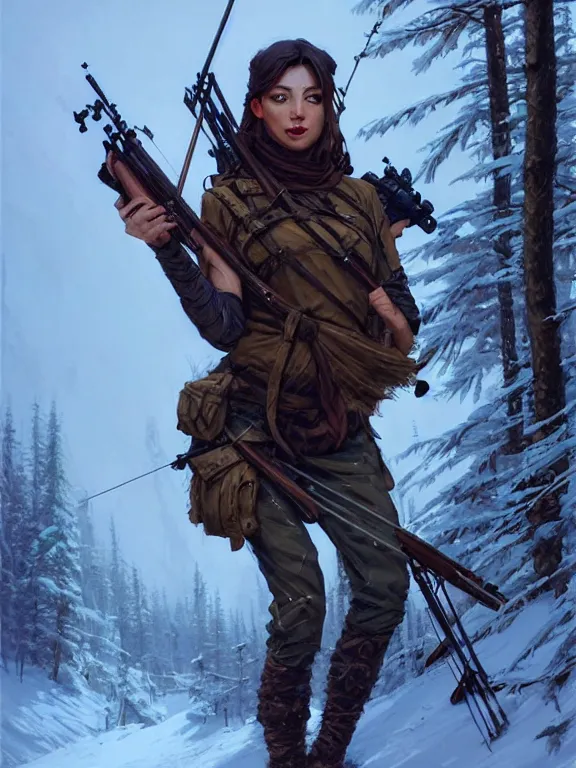 Image similar to a beautiful and aesthetic sniper huntress on the winter valley, aiming the sniper, toward to the camera, hunting the monsters, cynical, dramatic pose, intricate, highly detailed, detailed face, smooth, sharp focus, environmental light, rim light, artgerm, artstation, art by greg rutkowski, ilya kuvshinov, rossdraws, fantasy illustration