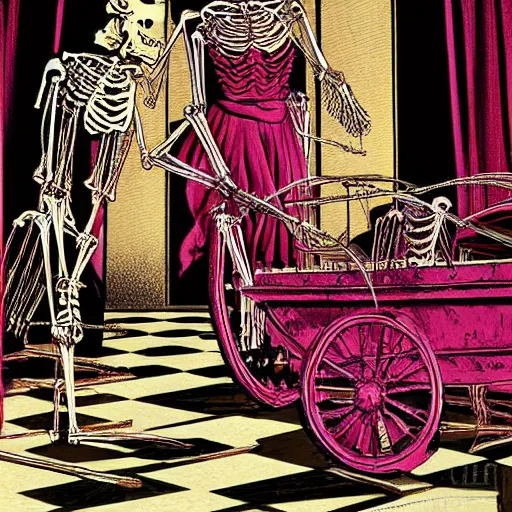 Image similar to The digital art features a human figure driving a chariot. The figure is skeletal and frail, with a large head and eyes. The chariot is pulled by two animals, which are also skeletal and frail. magenta by Adrian Tomine, by Vittorio Matteo Corcos distorted, intuitive