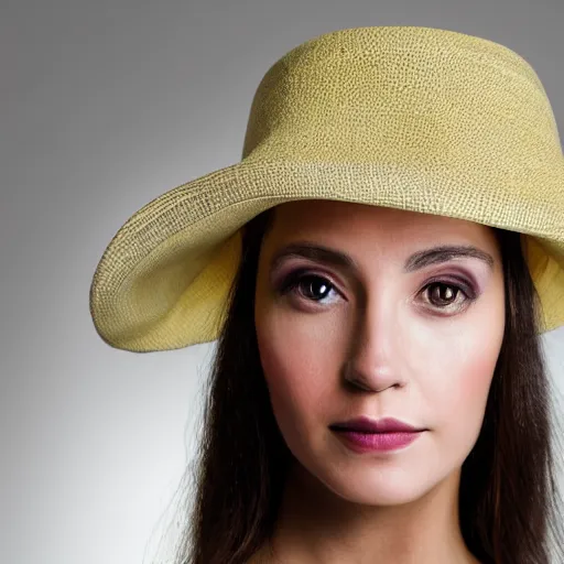 Prompt: a close up photo portrait of a beautiful italian woman wearing a tesseract silk hat, studio lighting, guggenheim, 4 k