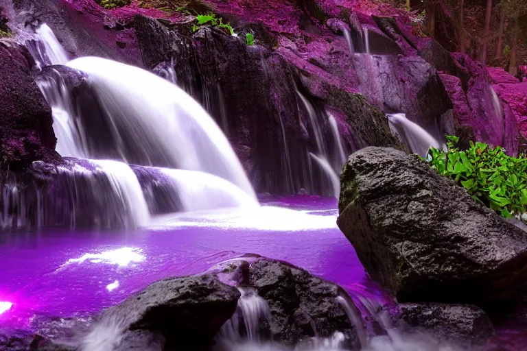 Image similar to A waterfall with glowing purple water. Cinematic lighting. Photorealism.