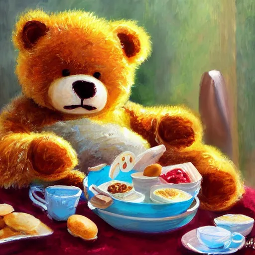 Prompt: cute fluffy happy teddy bear eating bagels and eggs for breakfast, detailed painting 4 k