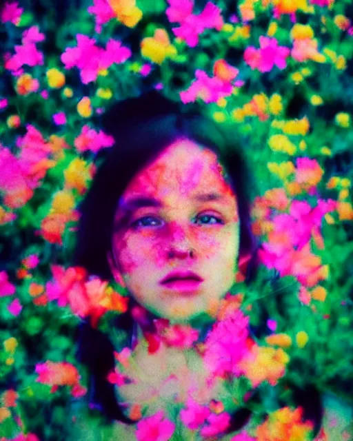 Prompt: oversaturated, burned, light leak, expired film, photo of a girl's serene face surrounded by multicolored flowers