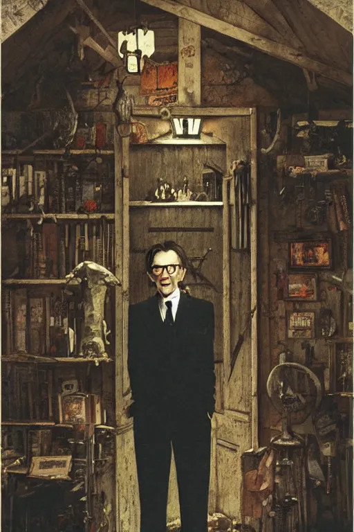 Image similar to portrait of gary oldman as a giant vampire, room of old hut in background, illustration by norman rockwell and greg rutkowski