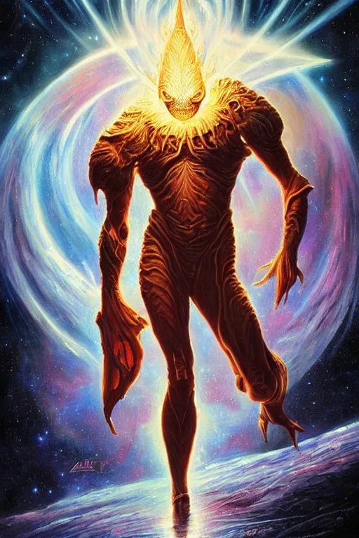 Image similar to beautiful oil painting with high detail of a interstellar demon made of stars and plasma, hybrid from dungeons and dragons and art direction by James Cameron ;by artgerm; wayne reynolds art station; Drew Struzan movie poster. cinematic quality character render; low angle; ultra high quality model; production quality cinema model;