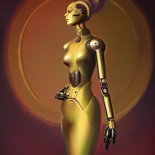 Image similar to a beautiful female robot, elegant pose, afro, gold wax melting, by Anato Finnstark, Tom Bagshaw, Brom