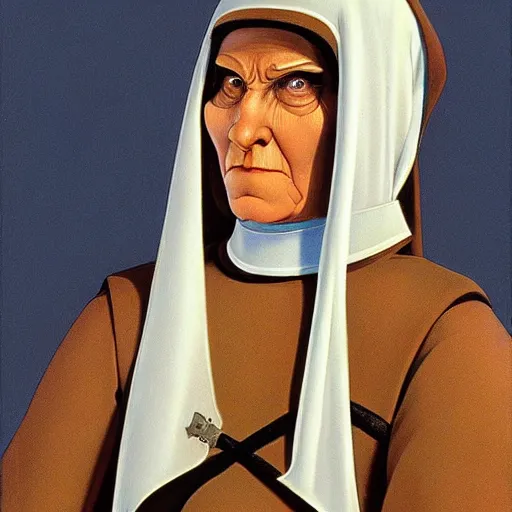 Prompt: a nun wearing a medieval armor. intricate detail armor. nun clothes. art by ralph mcquarrie, ralph mcquarrie artwork. portrait.