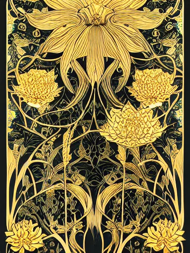 Image similar to golden lotus flowers on dark background, ornamental, symmetry, color harmony, golden ratio, william morris, hokusai, trending on artstation, character design, detailed, intricate, hypermaximalist, elegant, ornate, luxury, elite, atmospheric, matte painting, wide shot, two heads