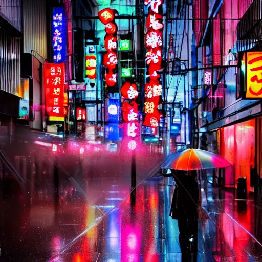 Image similar to translucent umbrella with rain drops flowing down, tokyo at night, raining, neon signs, photography
