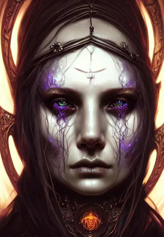 Image similar to Necromancer Sorceress face close-up macro in center, fantasy magic, undercut hairstyle, dark light night, intricate, elegant, sharp focus, illustration, highly detailed, digital painting, concept art, matte, art by WLOP and Artgerm and Greg Rutkowski and Alphonse Mucha, masterpiece