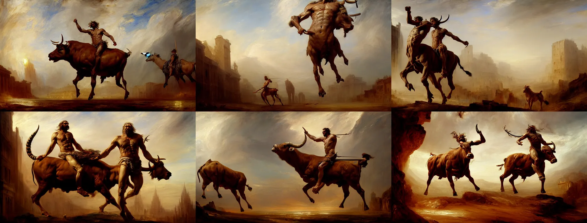 Prompt: highly detailed painting of a giant humanoid half bull half man centaur by william turner, by greg rutkowski, by william constable, thick brush strokes and visible paint layers, 4 k resolution, trampling an ancient city