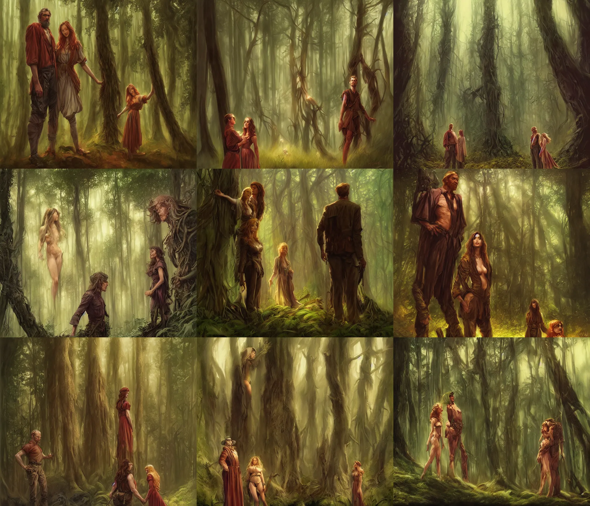 Prompt: a man and a woman standing in a forest, a illustration art by robert lenkiewicz and magali villeneuve, deviantart, fantasy art, official art, matte drawing, poster art