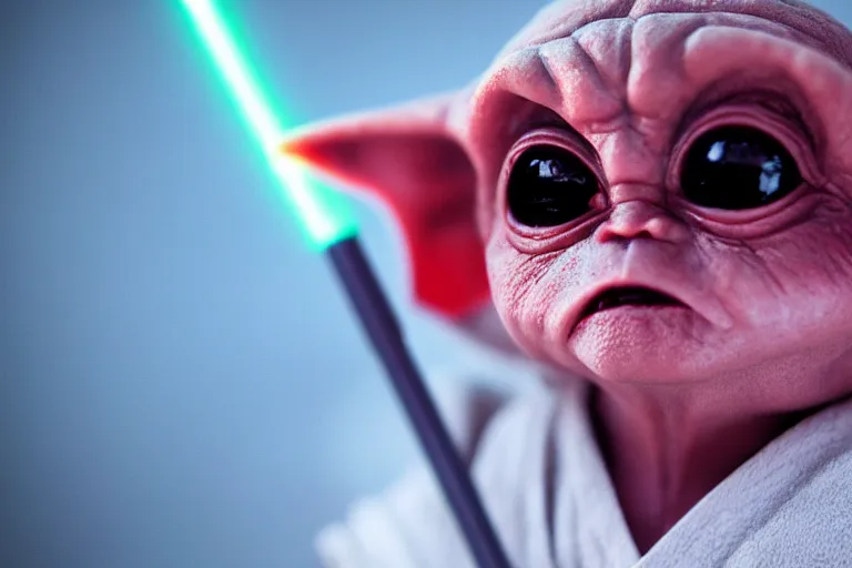 Prompt: Sith!! Baby Yoda!!, black robes, spot lit, closeup shallow depth of field, red glowing eyes