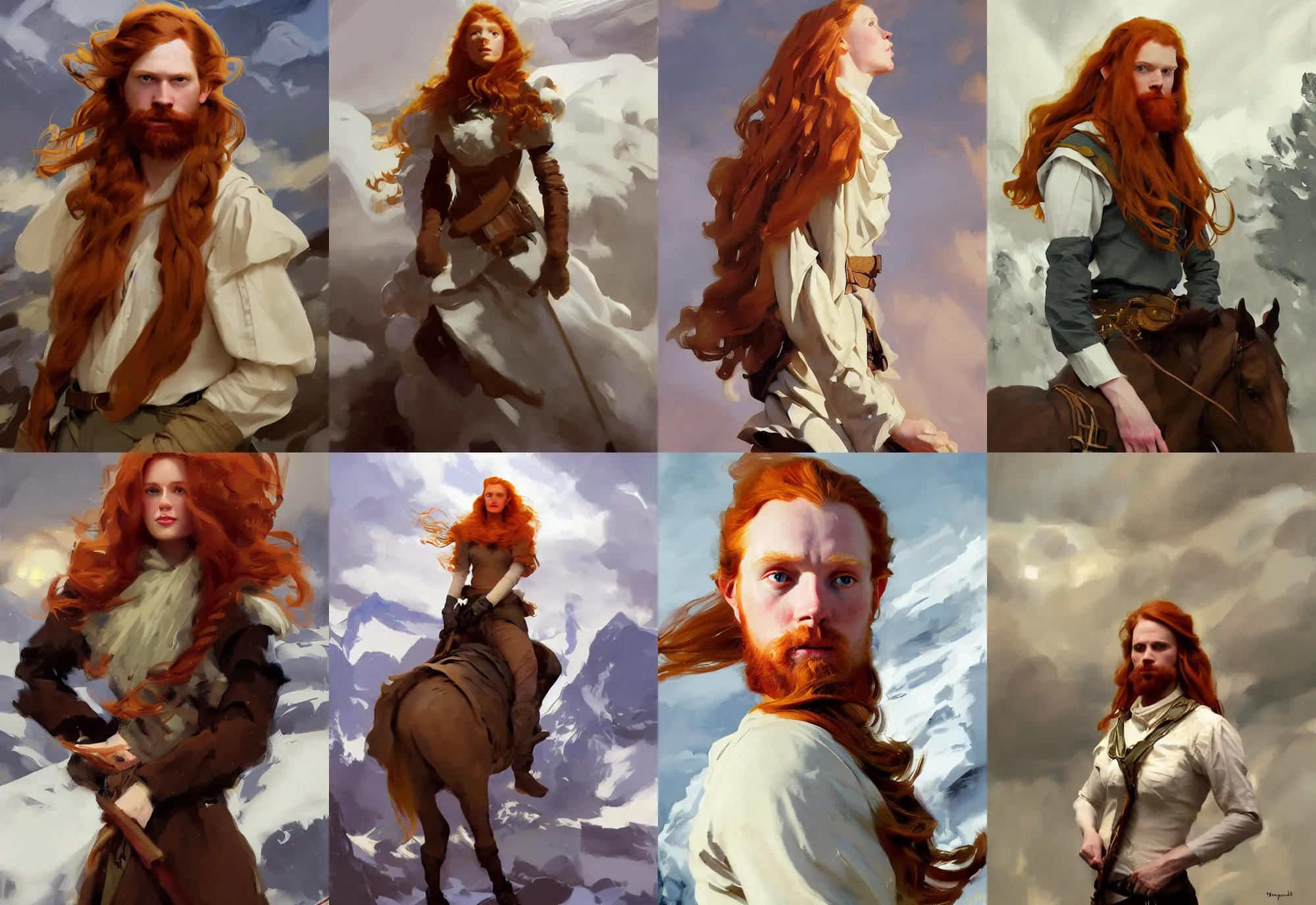 Prompt: portrait of ireland norway long ginger hair model girl jodhpurs hyperborea winter traveler treasure hunter greg manchess painting by sargent and leyendecker, fantasy, medium shot, asymmetrical, intricate, elegant, matte painting, illustration, hearthstone, by rhads, by greg rutkowski, by greg tocchini, by james gilleard, by joe fenton