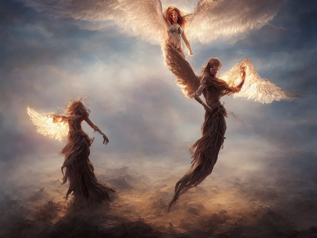 Image similar to angel carries a burning man in the clouds, fantasy art, award winning, dark fantasy, fantasy magic, intricate, elegant, sharp focus, cinematic lighting, highly detailed, digital painting, concept art, art by wlop and artgerm and greg rutkowski, masterpiece, trending on artstation, 8 k