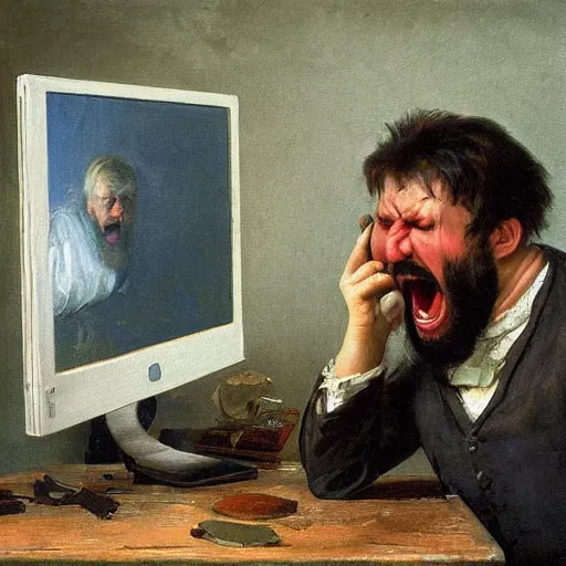 Image similar to an angry man yells at his computer monitor, oil on canvas, 1 8 8 3, highly detailed