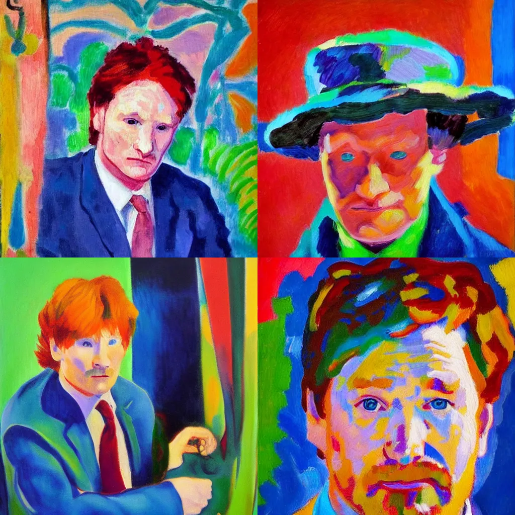 Prompt: impressionist portrait of conan obrien, henri matisse, oil painting, vivid colors, highly detailed