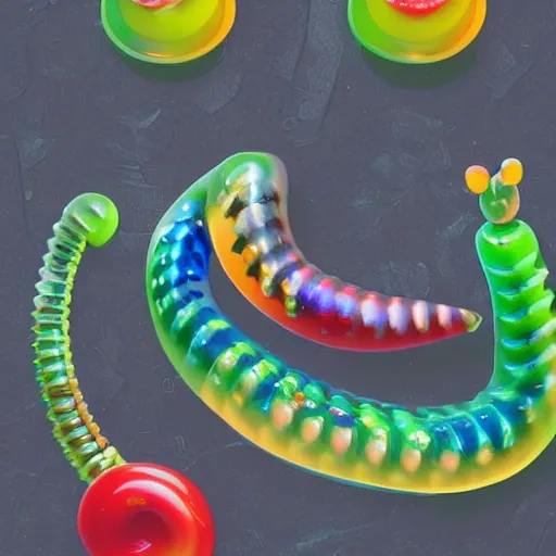 Image similar to a futuristic robotic gummi worm. dramatic product lighting. it's a gummi with extra juiciness. but it's also a worm. ick. in a magical side alley, the worm is sold out of a trendy food truck. digital art, sci - fi, fantasy, fairytale, imax, 4 k.