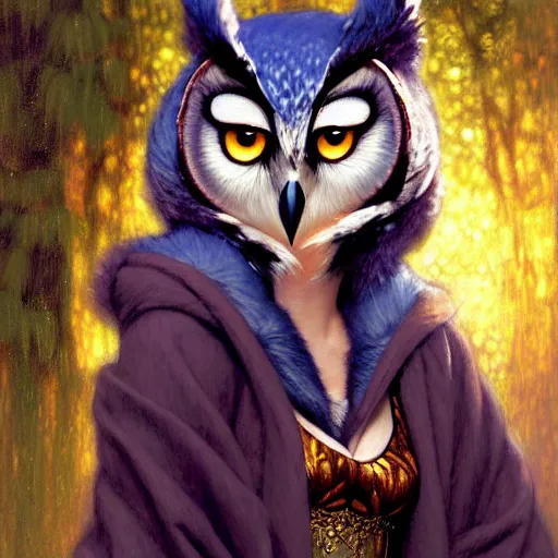 Image similar to a female owl owlwoman bird in magic robes at night in a dark forest. zootopia fursona furaffinity furry art detailed face painting by gaston bussiere craig mullins jc leyendecker gustav klimt artgerm greg rutkowski furry