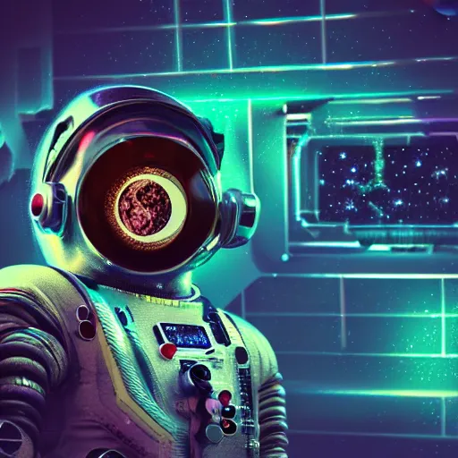 Image similar to cyberpunk astronaut bot, cinema 4 d, galaxy space sci - fi, wearing vr goggles, illustration, portrait, pastel neon textured background night, detailed,