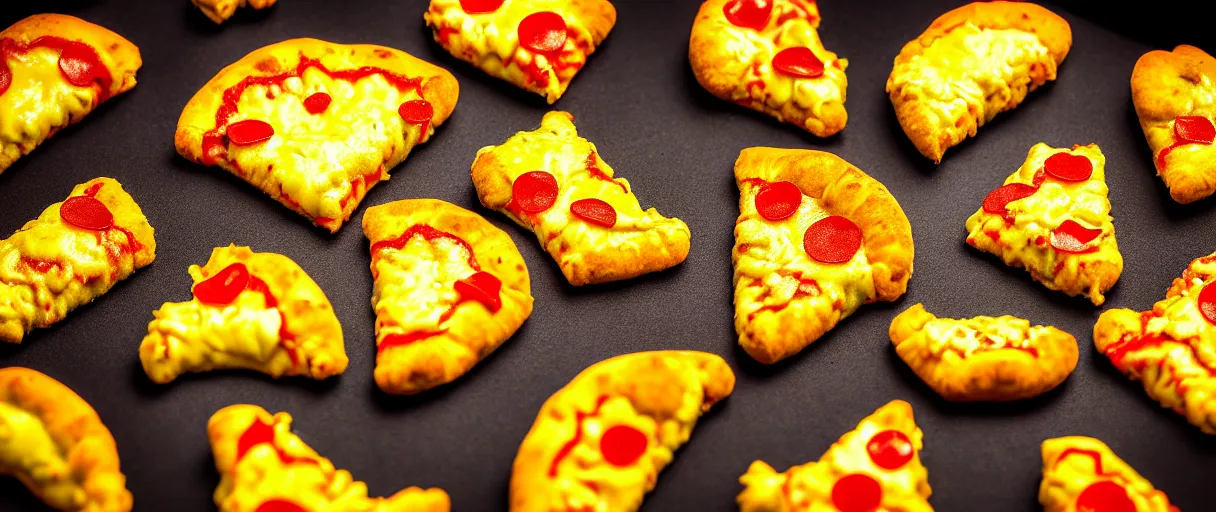 Image similar to popart supercute gooey! pizza slices and chicken nuggets jason limon dramatic yellow lighting low angle hd 8k sharp shallow depth of field