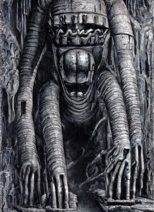 Prompt: giant steel golem in a cave, giger