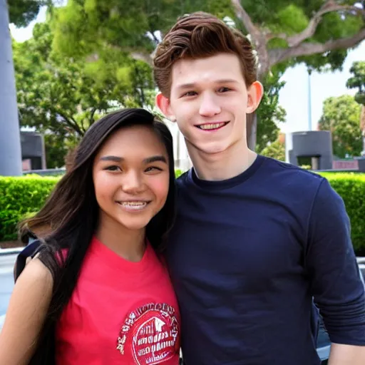 Image similar to Tom Holland with his arm around a beautiful Filipina college girl at Chapman University monument