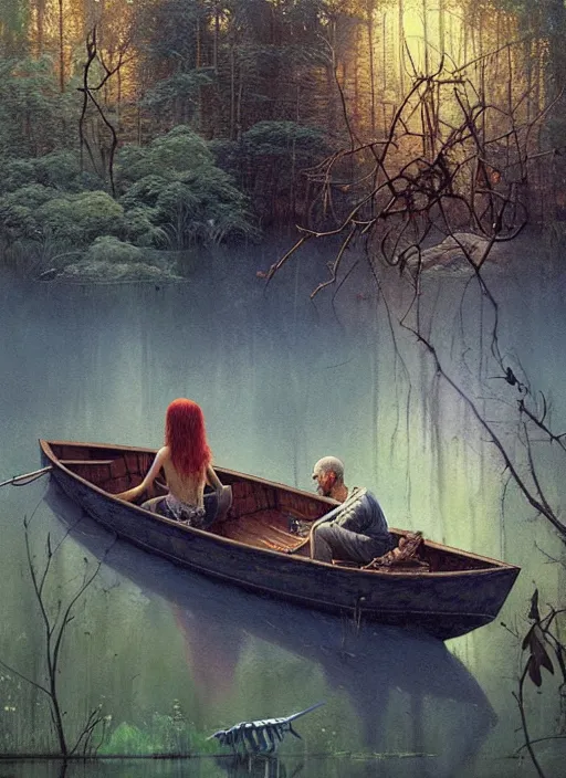 Image similar to boat in the woods by a river gorgeous lighting, lush forest foliage blue sky a hyper realistic painting by chiara bautista and beksinski and norman rockwell and greg rutkowski, tom bagshaw weta studio, and lucasfilm