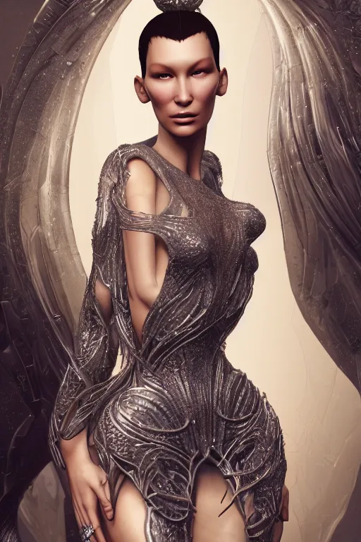 Image similar to a highly detailed portrait of a beautiful alien goddess bella hadid in iris van herpen dress in diamonds in style of alphonse mucha trending on artstation made in unreal engine 4