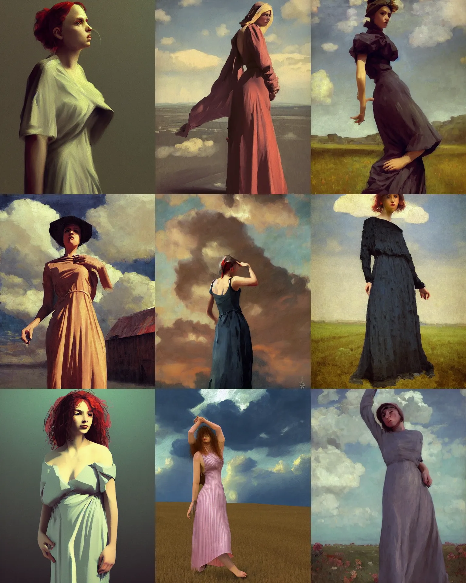 Prompt: woman portrait, female figure in maxi dress, sky, thunder clouds modernism, low poly, low poly, low poly, industrial, vapor punk, barocco, ilya repin style