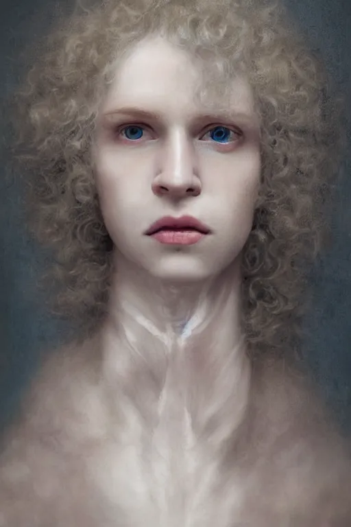 Image similar to Hyper realistic portrait of Lucius, delicate milky white pale porcelain skin and light pink blush, blue veins, fluffy platinum blonde curly hair with curtain bangs over his forehead, lush drill curls, beautiful androgynous prince, Dark Studio Lighting, fog, by Emil Melmoth, Trending on Artstation, 8k