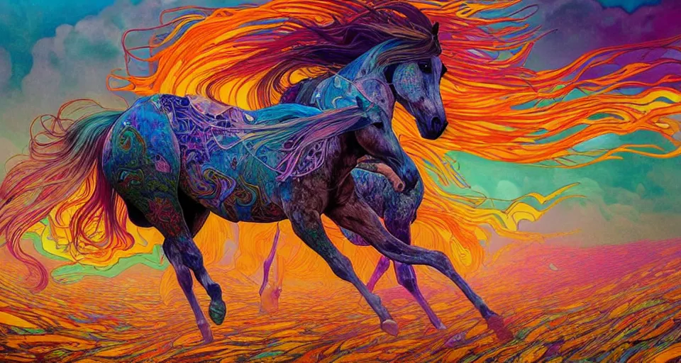 Image similar to An extremely psychedelic abstract illustration of wild horses running, colorful, surreal, dramatic lighting, magic mushrooms, psilocybin, LSD, detailed, intricate, elegant, highly detailed, digital painting, artstation, concept art, smooth, sharp focus, illustration, art by Krenz Cushart and Artem Demura and alphonse mucha, unreal engine 5 render, 8k