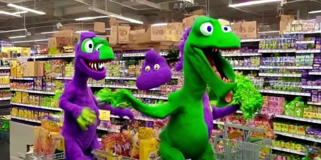 Prompt: cc - tv video of barney the dinosaur getting groceries