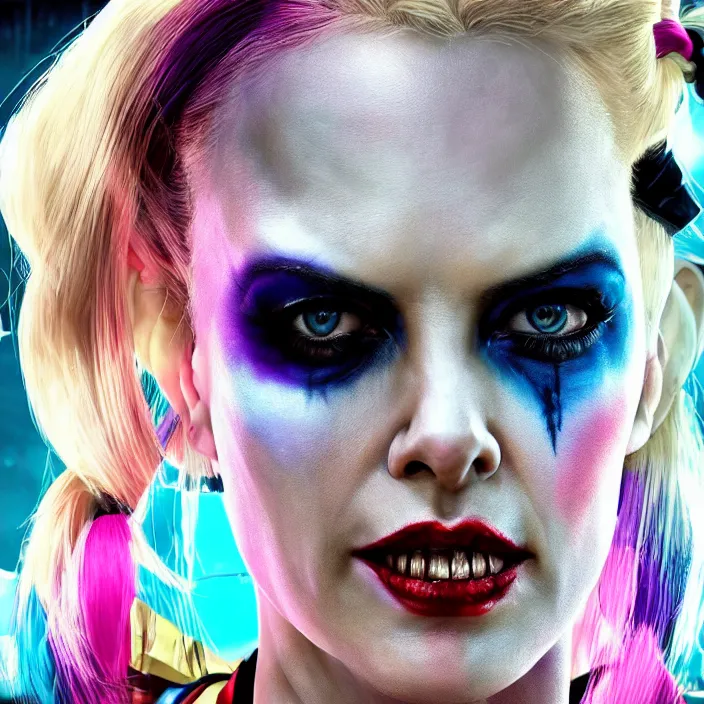 Image similar to portrait of Charlize Theron as a harley quinn in Suicide Squad. intricate abstract. intricate artwork. by Tooth Wu, wlop, beeple, dan mumford. octane render, trending on artstation, greg rutkowski very coherent symmetrical artwork. cinematic, hyper realism, high detail, octane render, 8k, iridescent accents